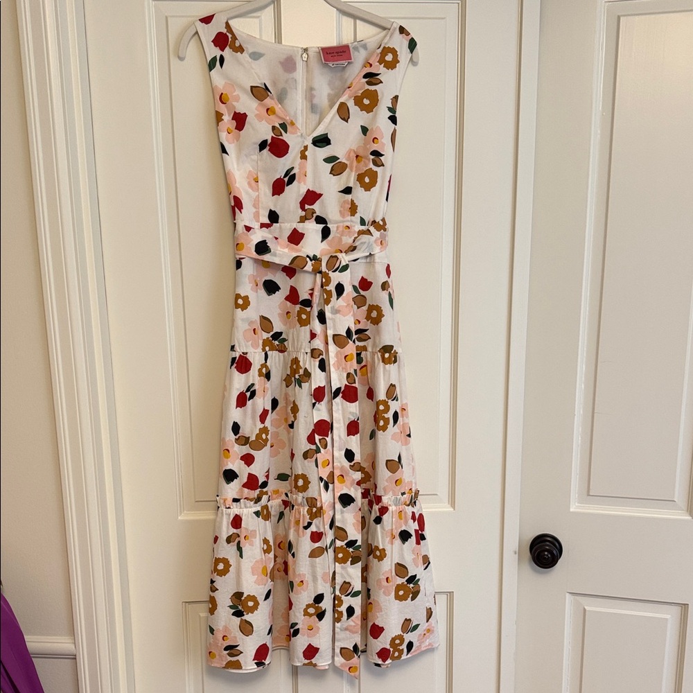 Kate Spade  Floral Tiered V-Neck Summer Dress - White with Red, Mustard & Green